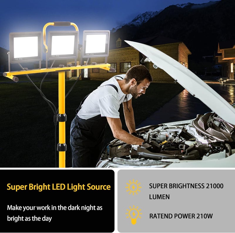 GUWELL 22000 Lumen Work Lights with Stand, 3 Head Portable LED Work Light, with Adjustable&Foldable Tripod Stand, IP66 Waterproof Lamp for Outdoor Indoor Job Site Workshop Garage Construction Site Lighting - Image 3